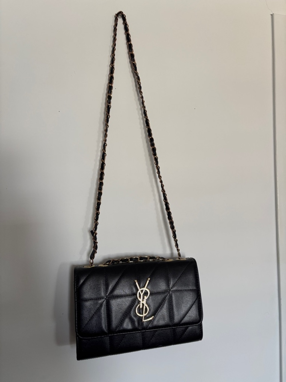 Black Quilted Leather Crossbody with Gold Logo